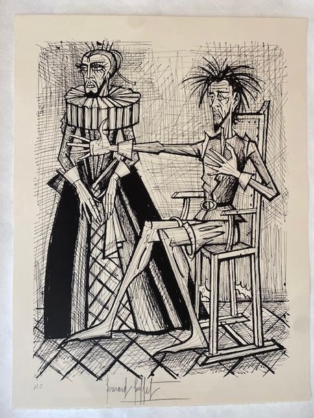 Title: 'Don Quixote et la Duena' Black and white lithograph dated 1989, signed in pencil lower right Inscribed 'H - Bernard Buffet