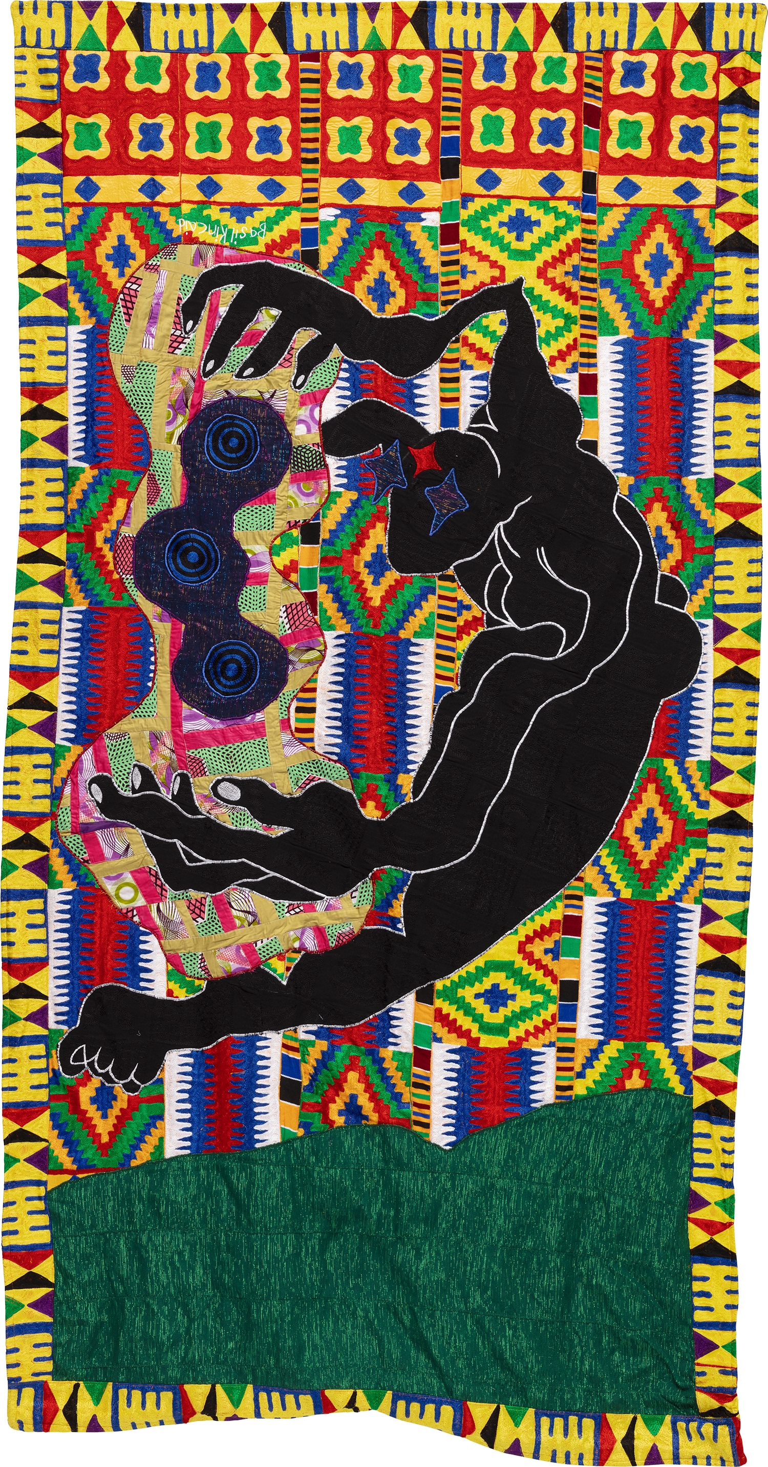 Artwork by Basil Kincaid, Formulation of Worlds, Selves and Bodies, Made of quilt hand-woven Ghanian kente, wax block print cotton fabric, donated clothes, clothes from the artist, Ghanian embroidered fabrics, embroidery and wool