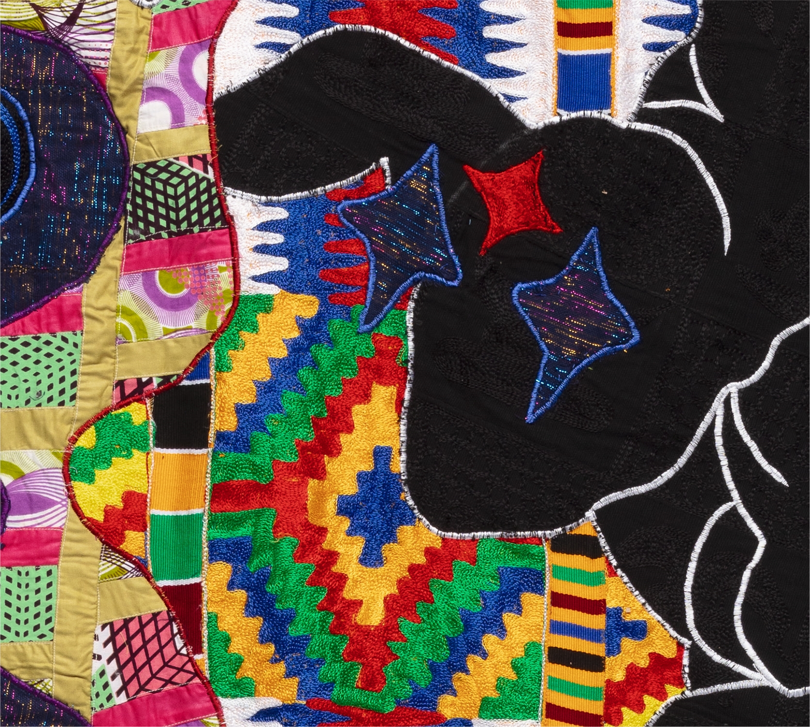 Artwork by Basil Kincaid, Formulation of Worlds, Selves and Bodies, Made of quilt hand-woven Ghanian kente, wax block print cotton fabric, donated clothes, clothes from the artist, Ghanian embroidered fabrics, embroidery and wool