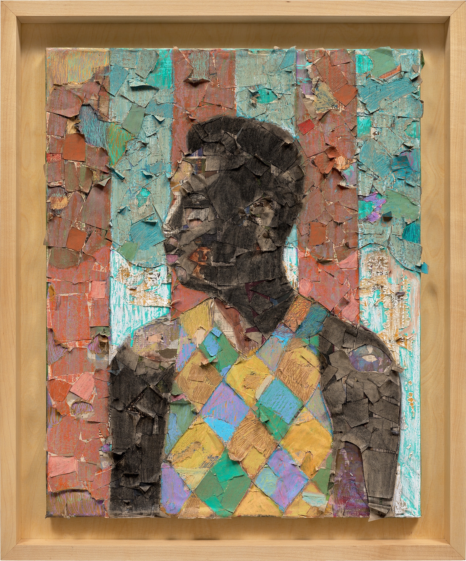 Artwork by Derek Fordjour, Untitled (No. 92, Made of acrylic, oil pastel, charcoal and newspaper collage on canvas, in artist's frame