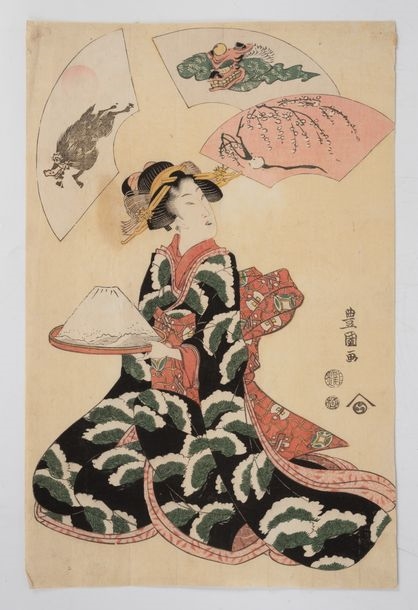 Print depicting a bijin ga carrying ice - Utagawa Toyokuni