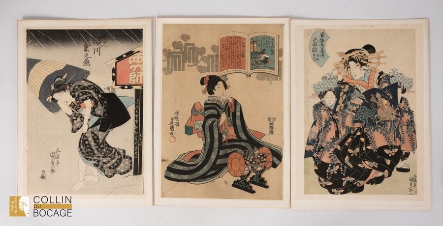 Lot of three prints including: - a print depicting a courtesan in the rain. Size: 35 x 24 cm. Margins cut - Utagawa Kunisada