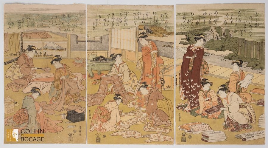 Triptych print depicting couturiers at different stages of their creations - Utagawa Toyokuni