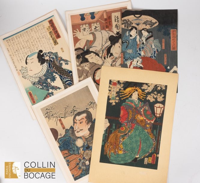 Lot of 5 prints including : - A print depicting two men fighting. Size: 36.6x25.9 cm. Bending - Utagawa Kunisada