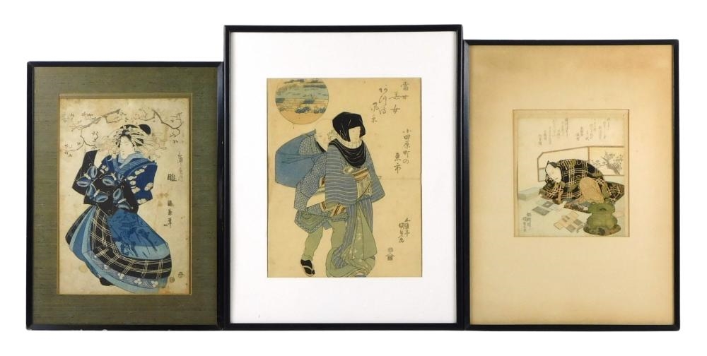 ASIAN: Three woodblock prints by Utagawa Kunisada (Japanese 1786 - 1864) "Ichukawa Danjuro VII Preparing New Year's Gifts"; "The Odwara Fish Market"; and a Courtesan in Aizuri-e (shades of blue) all three pieces are f - Utagawa Kunisada