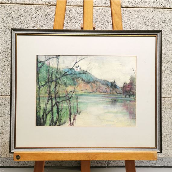 Tableau Ancien Huile Sur Toile - Paysage Lac Avec Arbres Et Roses Pastel - Style Vintage - Neuf
