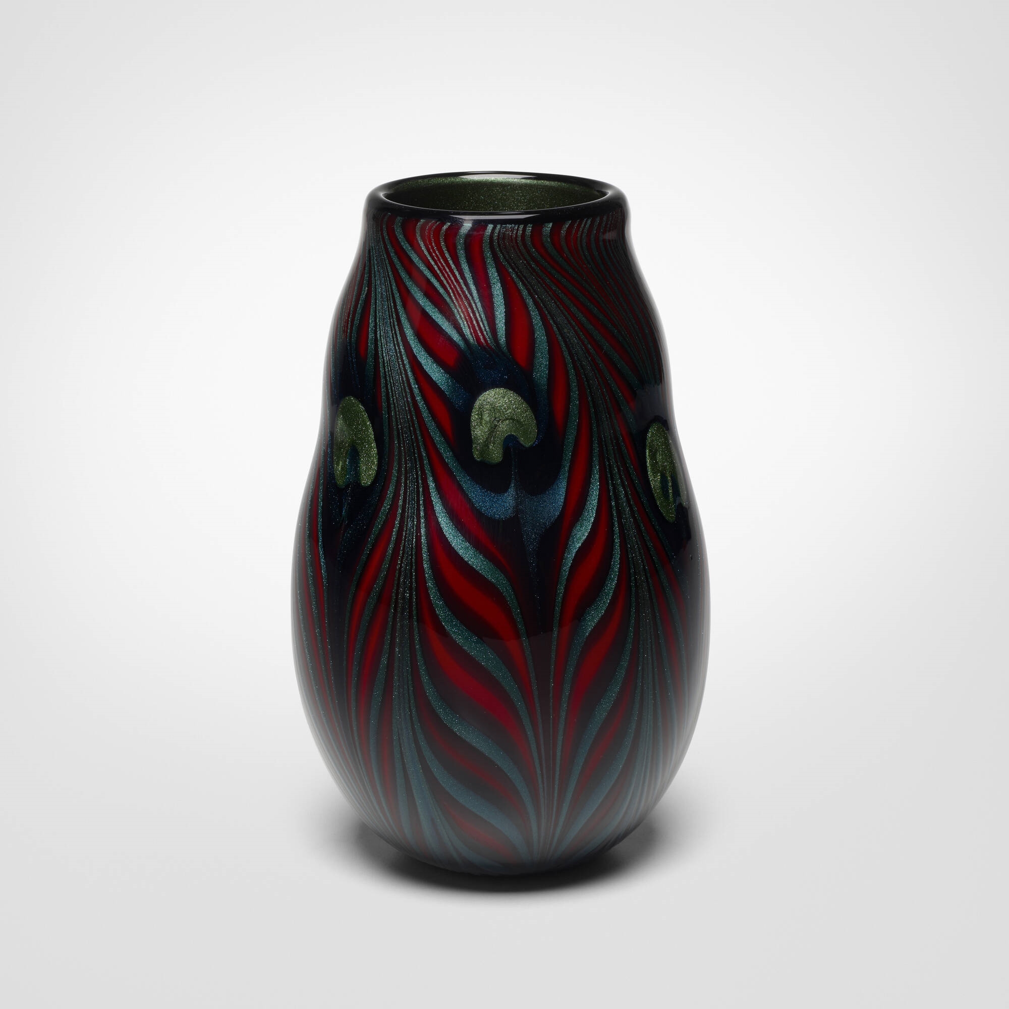 Artwork by Charles Lotton, Bing Cherry Peacock Feather vase, Made of blown glass
