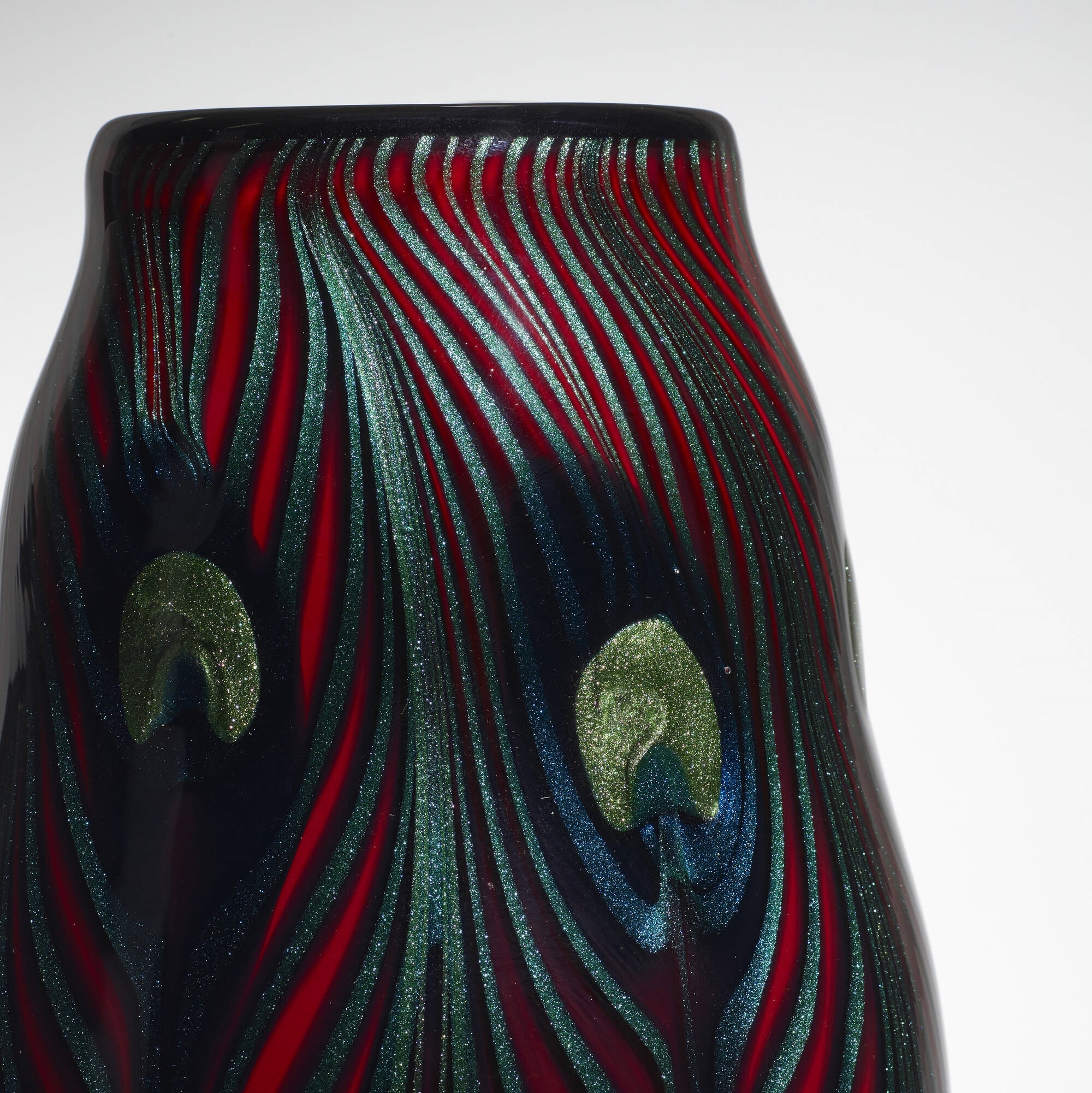 Artwork by Charles Lotton, Bing Cherry Peacock Feather vase, Made of blown glass