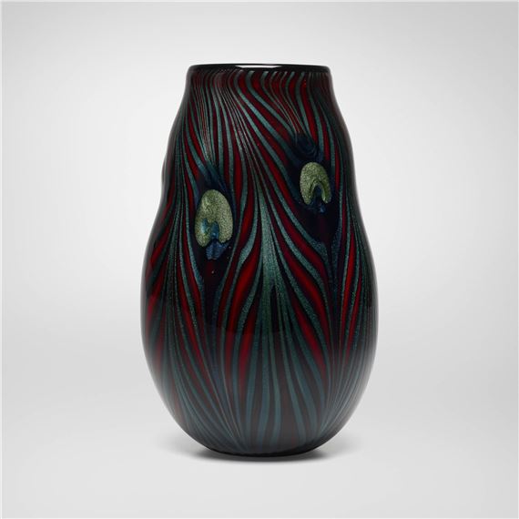 Bing Cherry Peacock Feather vase by Charles Lotton, 2013