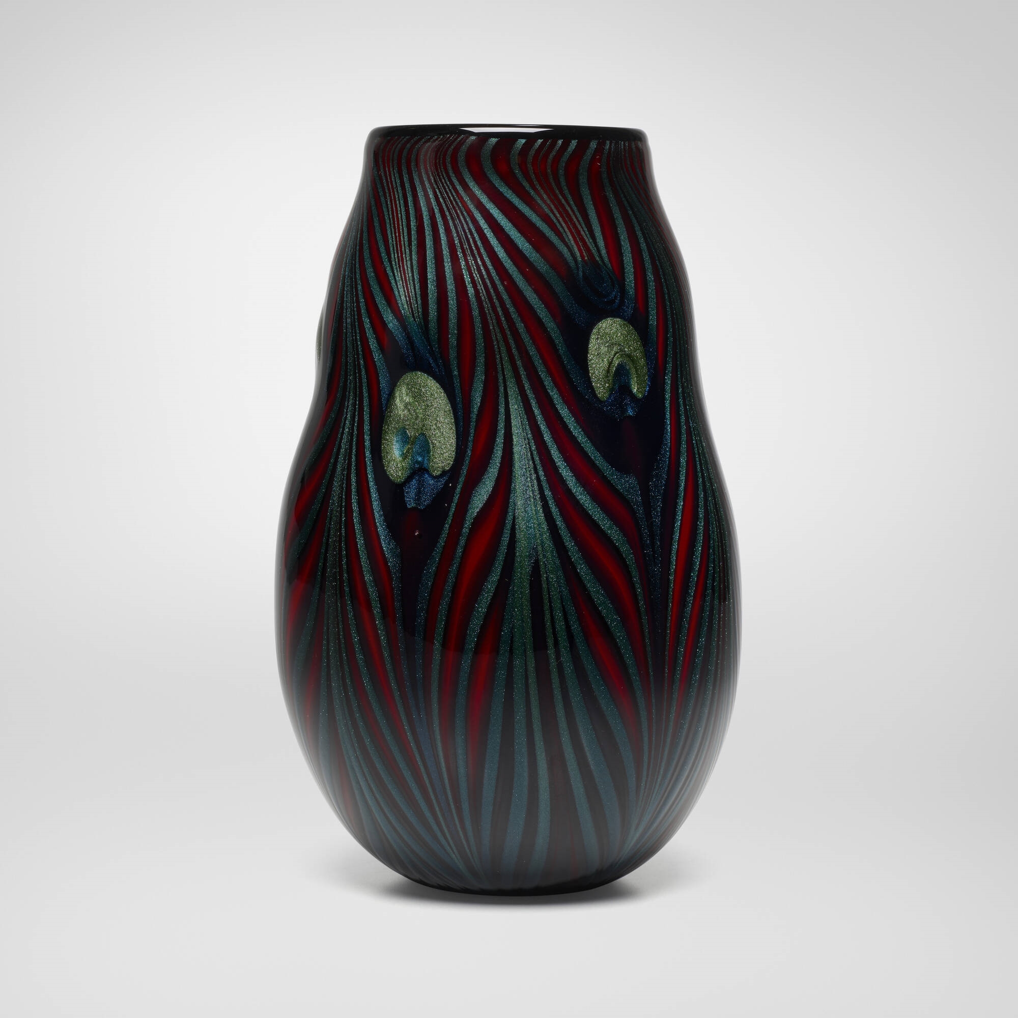 Artwork by Charles Lotton, Bing Cherry Peacock Feather vase, Made of blown glass