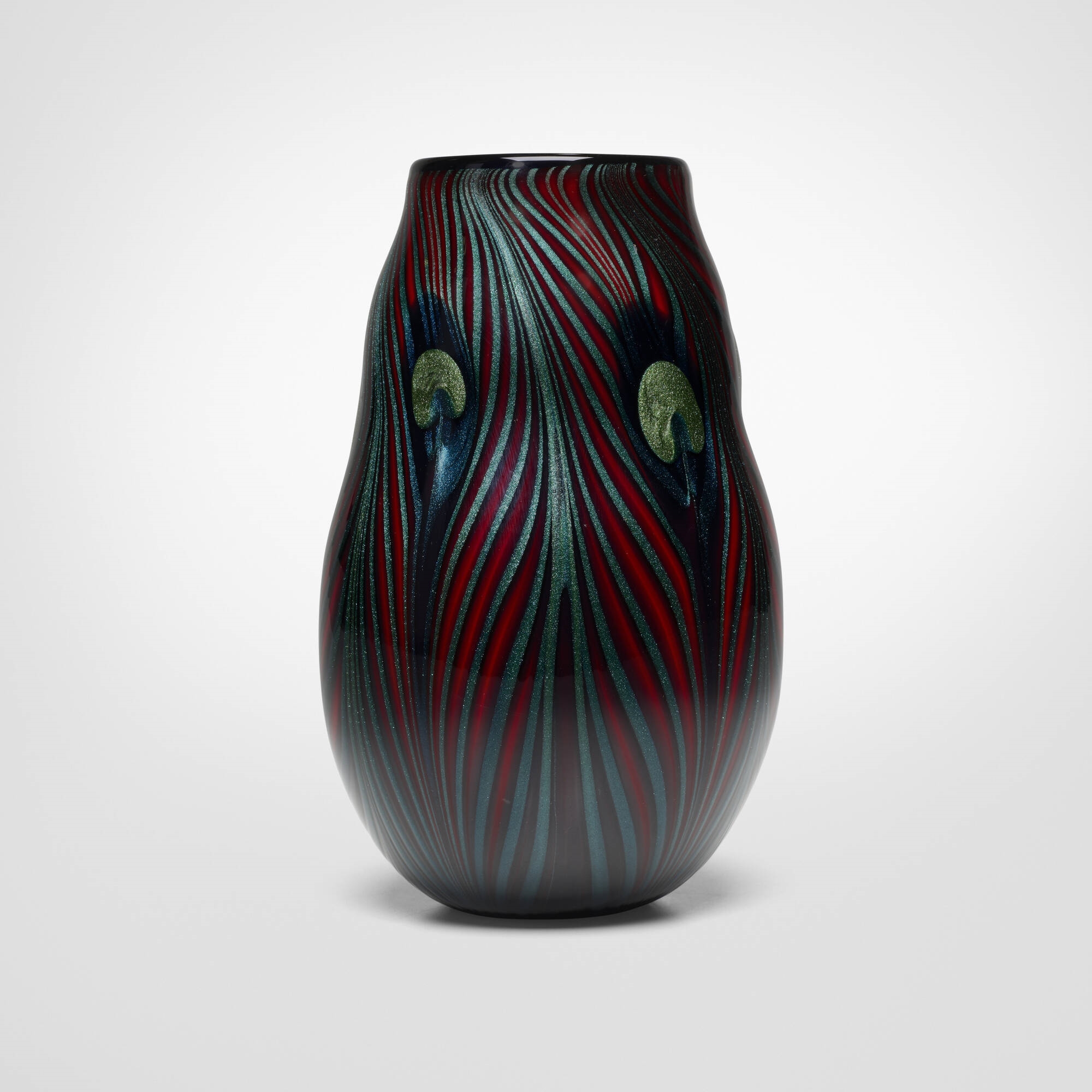 Artwork by Charles Lotton, Bing Cherry Peacock Feather vase, Made of blown glass