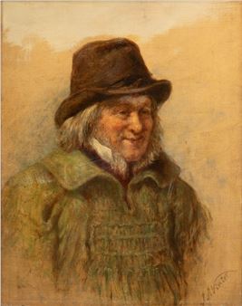 A warm-toned portrait of an elderly figure in a hat and textured coat.