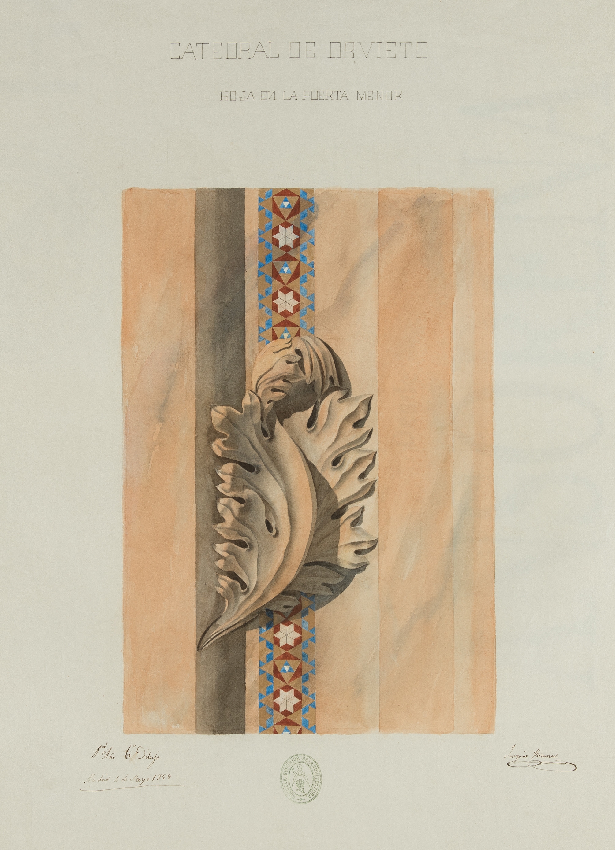 Artwork by Joaquín Kramer Arnáez, JOAQUÍN KRAMER ARNÁEZ Madrid (1842) / (1913) "Orvieto Cathedral. Leaf on the minor door", 1859, Made of pencil and watercolor on paper