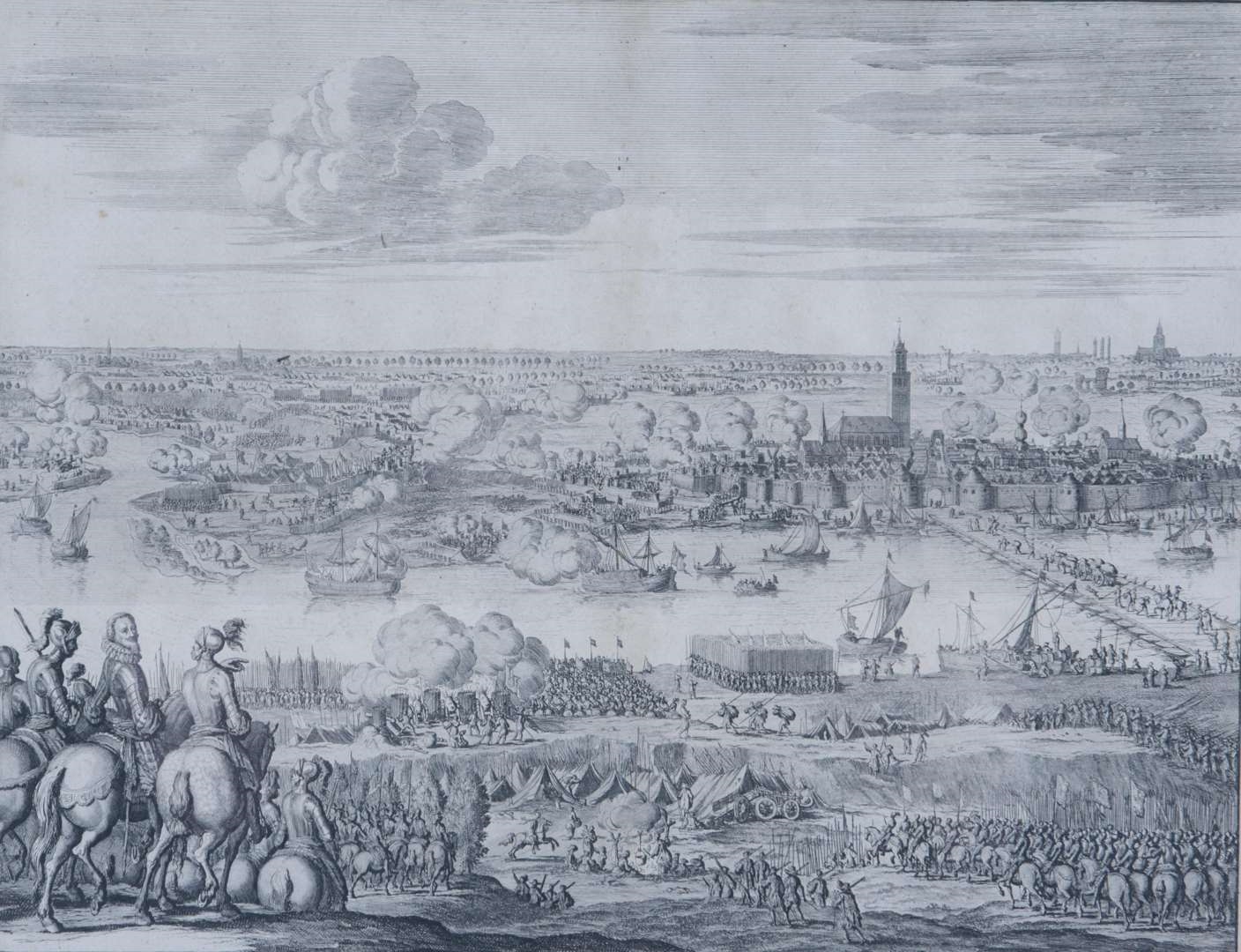 Beleg van Zaltbommel door Mendoza, 1599. De stad Bommel belegert door den admirant, maar verlost door prins Maurits, in t' jaar 1599 by Jan Luyken, 1599
