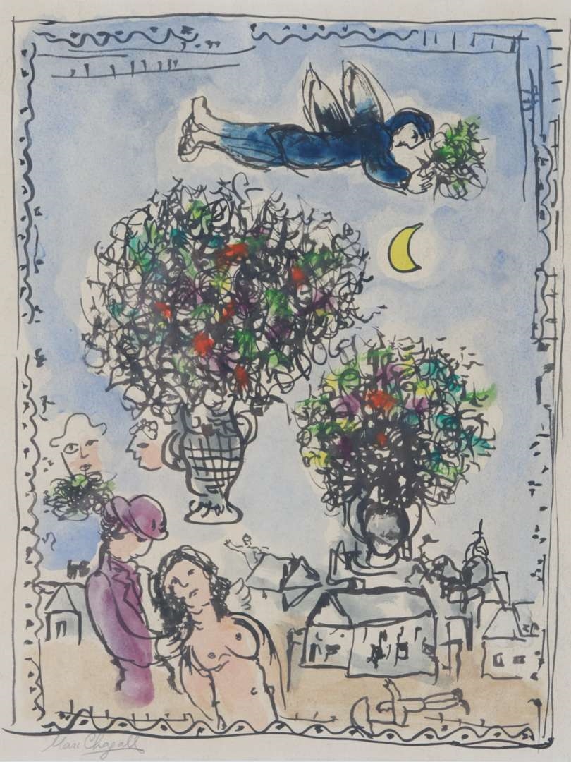 Figuren en bloemenvazen - Marc Chagall