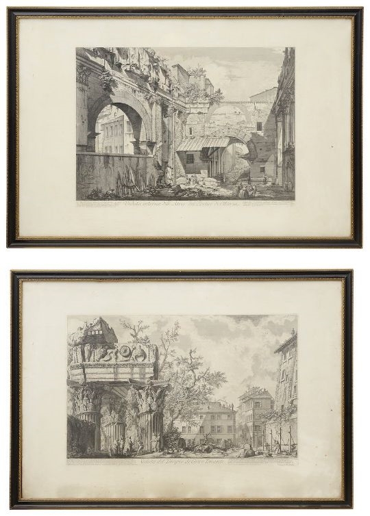 'Veduta interna dell' Atrio del Portico Ottavia' and 'Veduta del Tempio di Giove Tonante' - Giovanni Battista Piranesi