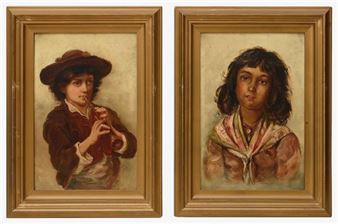 A pair of portraits depicting a young girl and boy - I. R. Marsh