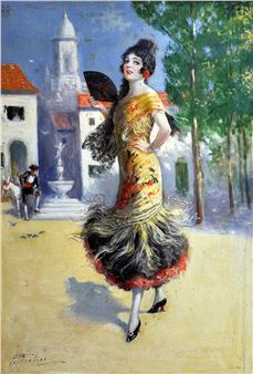 Spagnola con ventaglio nero tecnica mista su carta - Frank Aveline