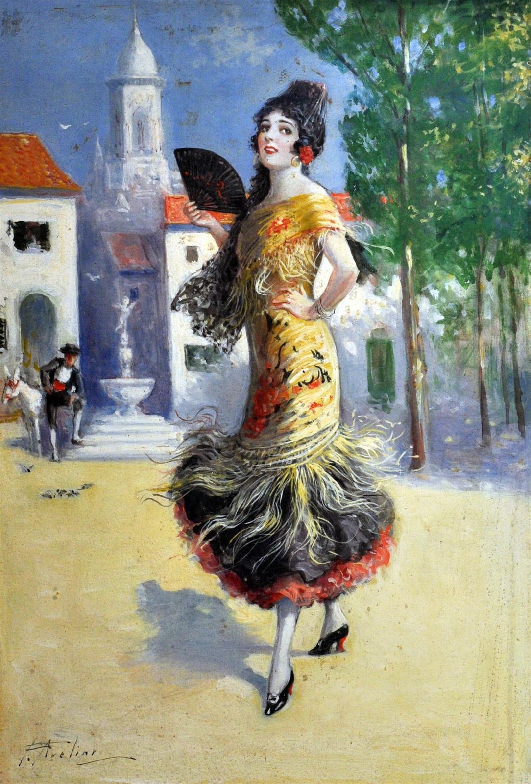 Artwork by Frank Aveline, Spagnola con ventaglio nero tecnica mista su carta, Made of mixed media on paper