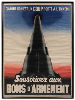 P. (1890 – 1977). Chaque Bon est un Coup Porte A L’Ennemi / Bons D’Armement. 1940. Paris: Lafayette. Urging the French to subscribe to armament bonds. Shows a canon pointed toward the sky from the perspective of the shooter. Framed. Sight 61 ¾ x 45 ¼”. Not examined outside frame. A. - P. Besniard