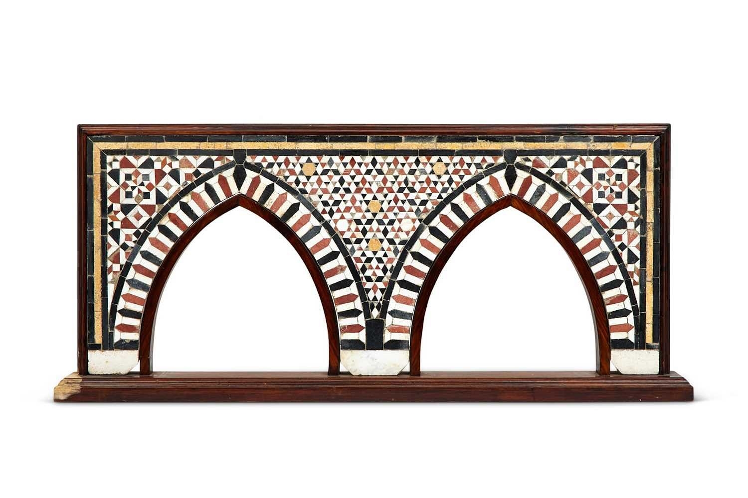 Artwork by Egyptian School 17th Century, A 15TH / 17TH CENTURY OTTOMAN / MAMLUK POLYCHROME GEOMETRIC MARBLE MOSAIC WALL PANEL, EGYPT, Made of arches with polychrome tesserae in black, red, white and yellow
