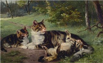 cat with two kittens on the meadow - Julius Adam III