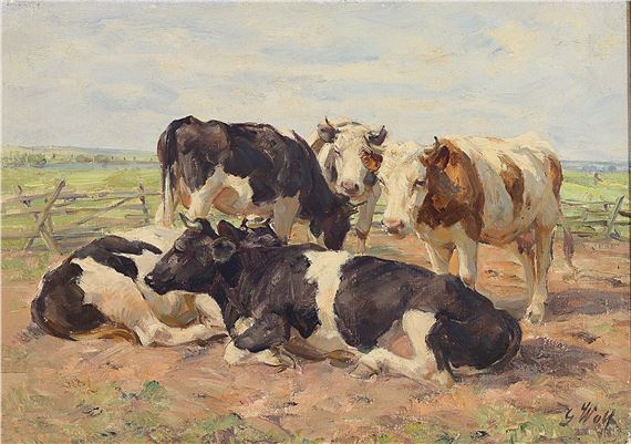 5 cows on pasture by Georg Wolf, 1882