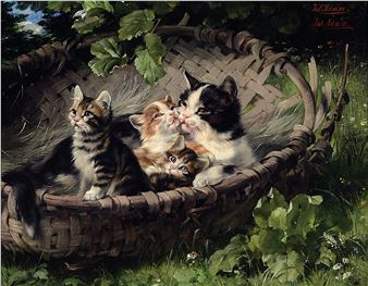 cat with three kittens in a wicker basket - Julius Adam III