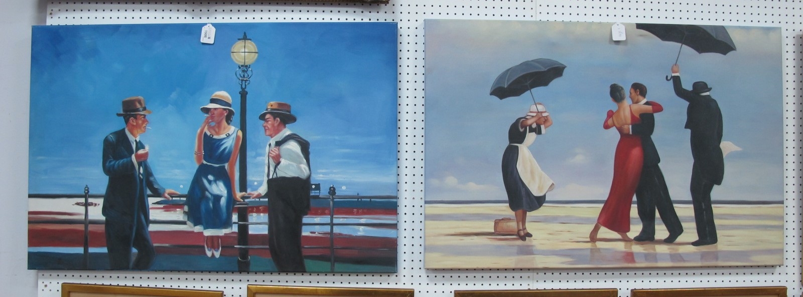 In The manner of Jack Vettriano, Smoking at the harbour side and Dancing on The Beach, pair of oils, paintings 60 x 90cm - Jack Vettriano