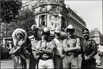 Paris, August 26 1980. Village People and Richie Family in Paris for the release of 'Can't stop the music'. They are 6, they are 3, the 9 were discovered by Jacques Morali and made their cinema debut in 'Can't stop the Music' a film by Nancy Walker produced by Allan Can (Grease), Jacques Morali and Henri Belolo - Martine Peccoux