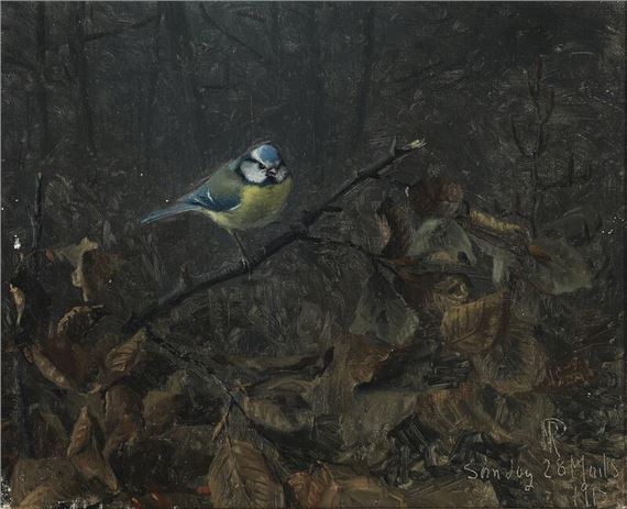 A blue tit sitting on a branch by Niels Peter Rasmussen, 1915