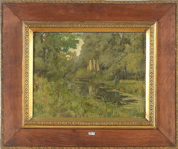 Gustave Halbart | Paysage lacustre au pêcheur | MutualArt