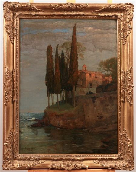 Südländische Steilküste mit Haus und Zypressen im Abendlicht by Gustav Schönleber, 1895