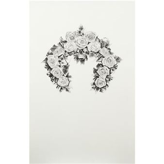 A delicate black-and-white floral arrangement shaped like a crown.