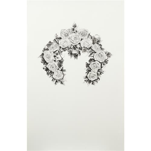A delicate black-and-white floral arrangement shaped like a crown.
