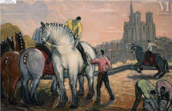 Chevaux devant la cathédrale de Saumur, 1970 by André Maire, 1970