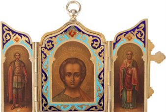 Count Emanuel Sievers: A Russian Champlevé Enameled Gilt Silver Presentation Triptych Icon - Michael Pavlovitch Ovchinnikov