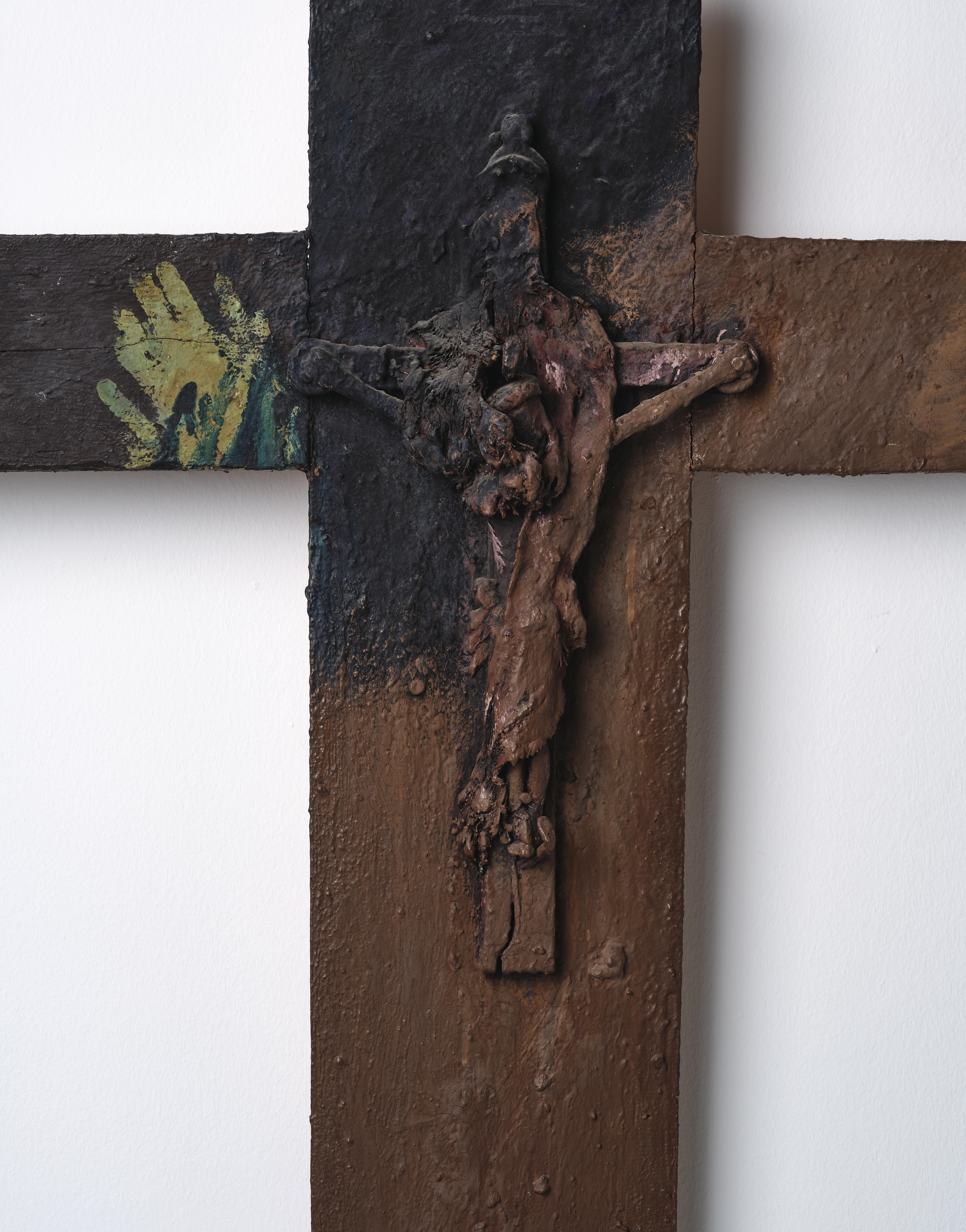 Artwork by Arnulf Rainer, Cross (with body of Christ), Made of oil, metal, wood on wood