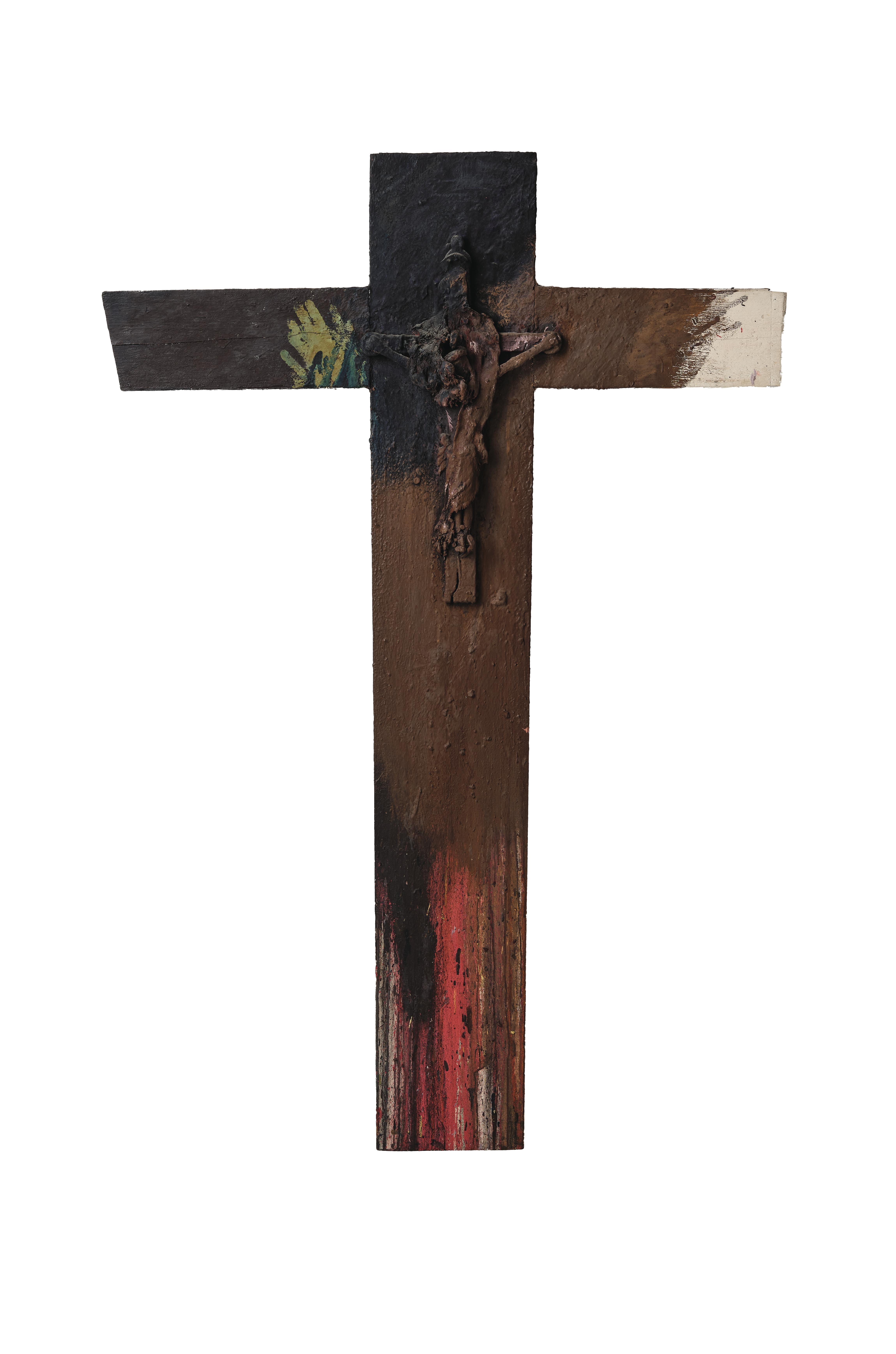 Artwork by Arnulf Rainer, Cross (with body of Christ), Made of oil, metal, wood on wood