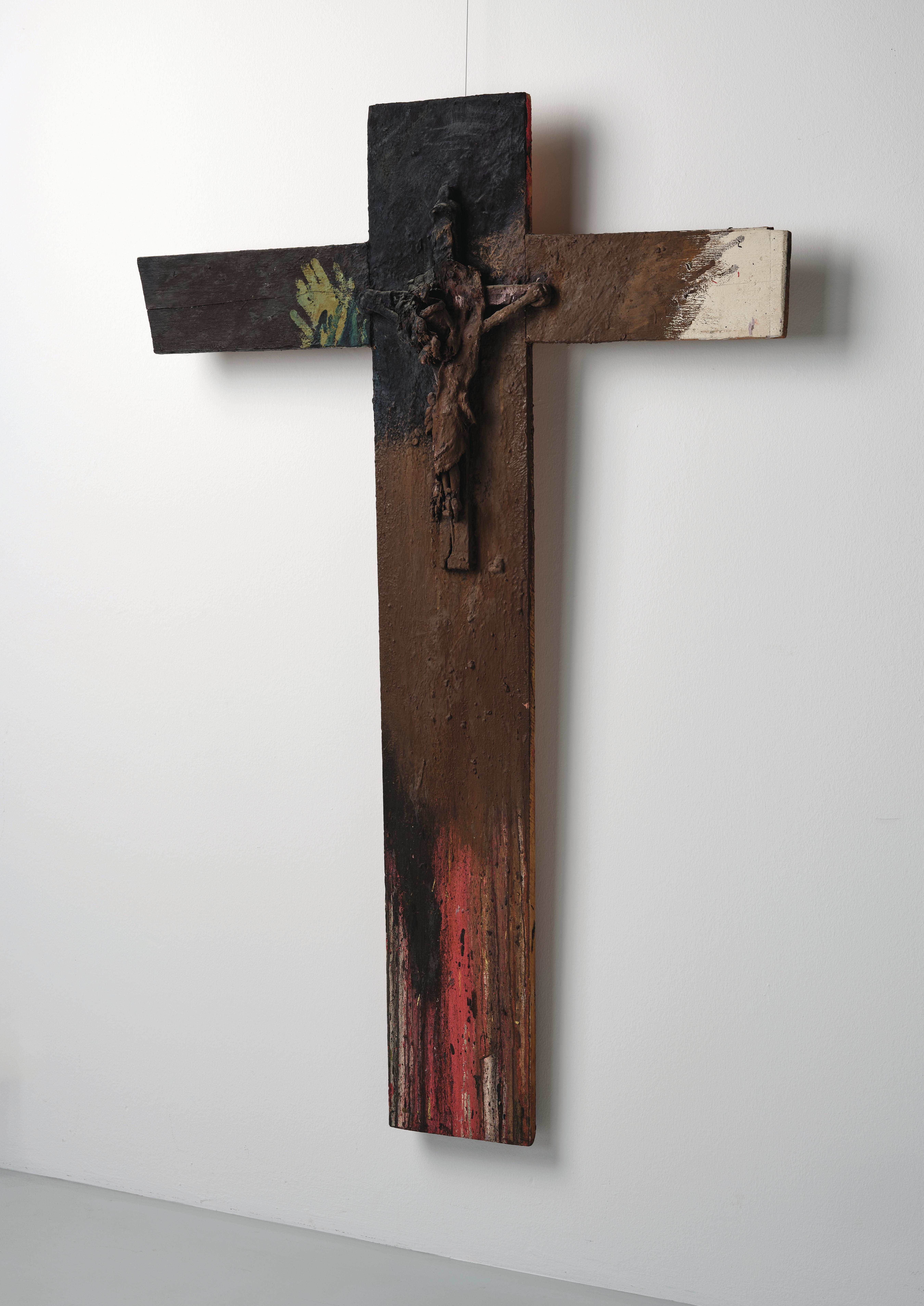 Artwork by Arnulf Rainer, Cross (with body of Christ), Made of oil, metal, wood on wood