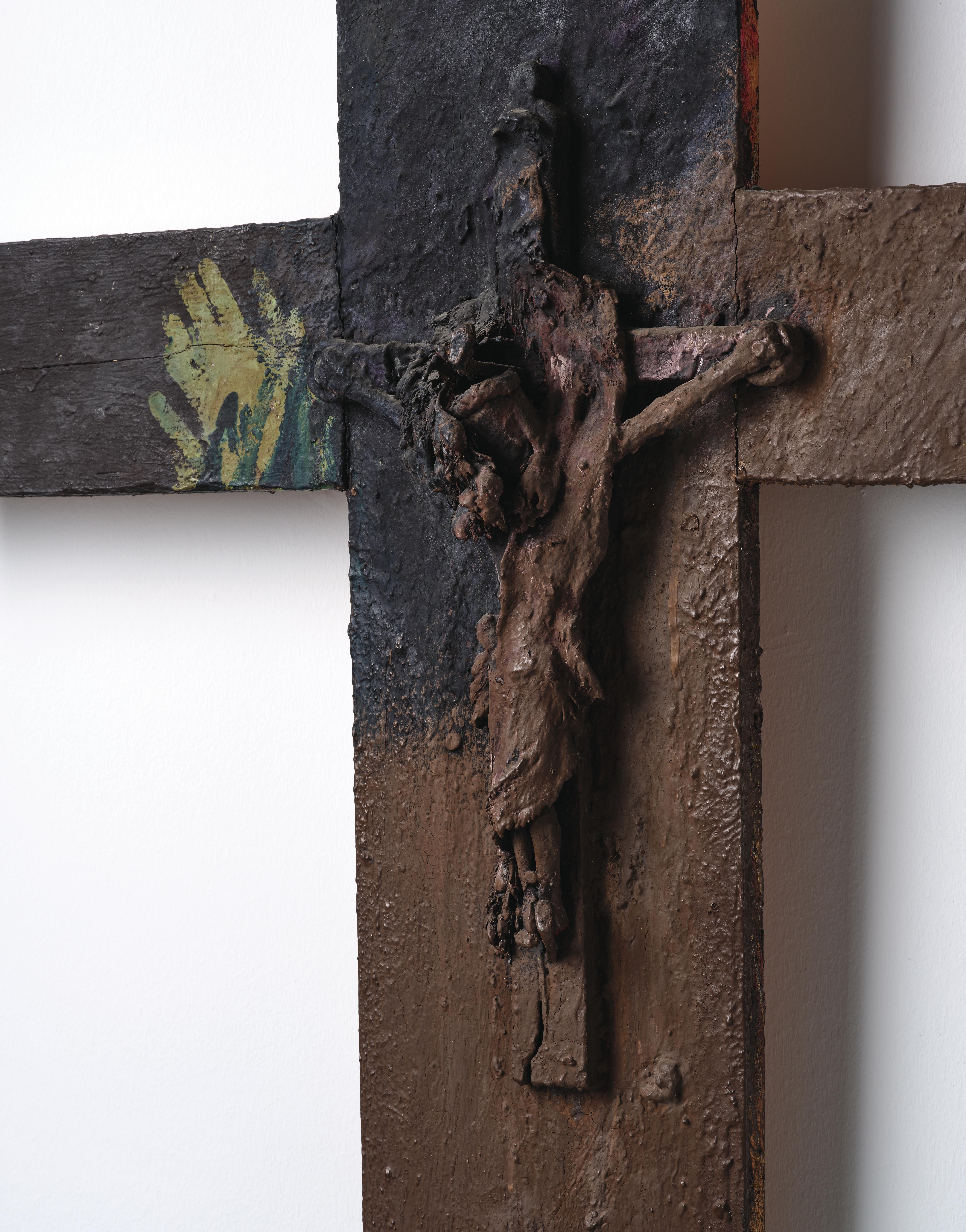 Artwork by Arnulf Rainer, Cross (with body of Christ), Made of oil, metal, wood on wood