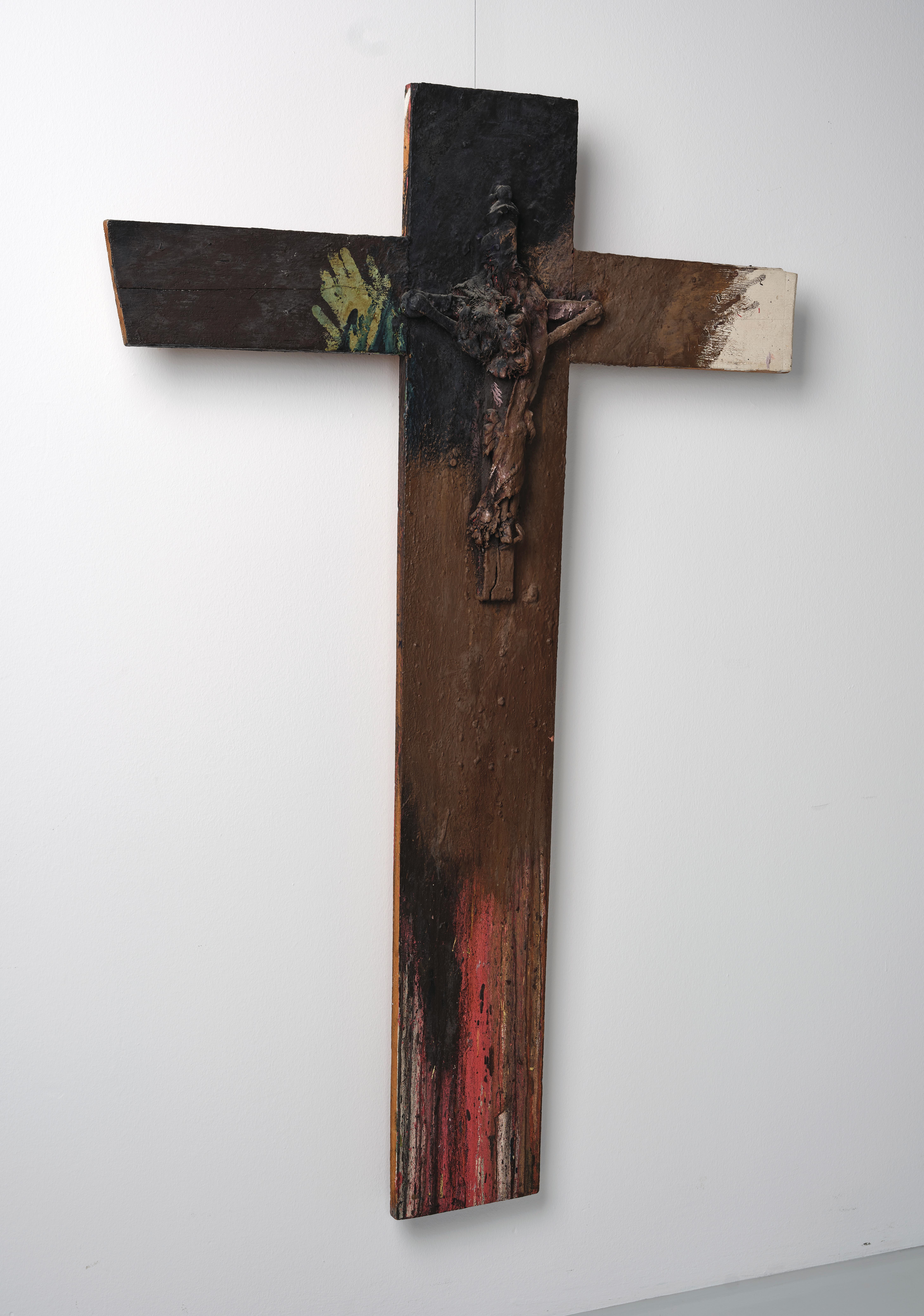 Artwork by Arnulf Rainer, Cross (with body of Christ), Made of oil, metal, wood on wood