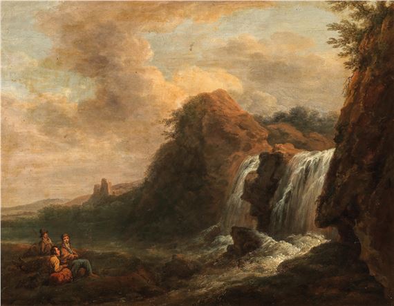 Südliche Landschaft mit einem Wasserfall und Reisenden bei der Rast - Ignace Duvivier
