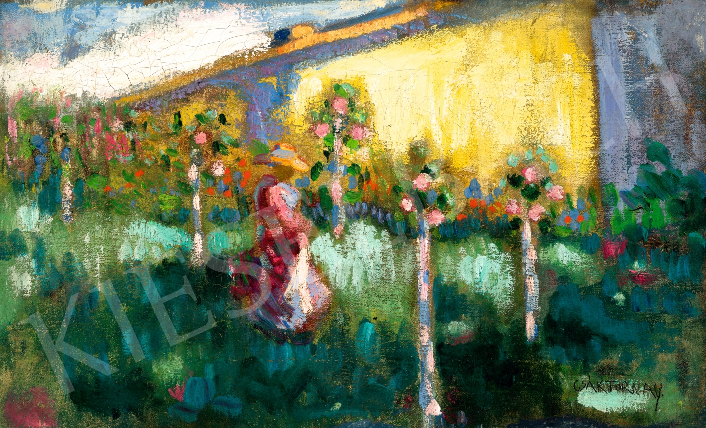 Artwork by Csáktornyai Zoltán, Lady with a Hat in the Rose Gardens of Nagybánya, Made of Oil on canvas