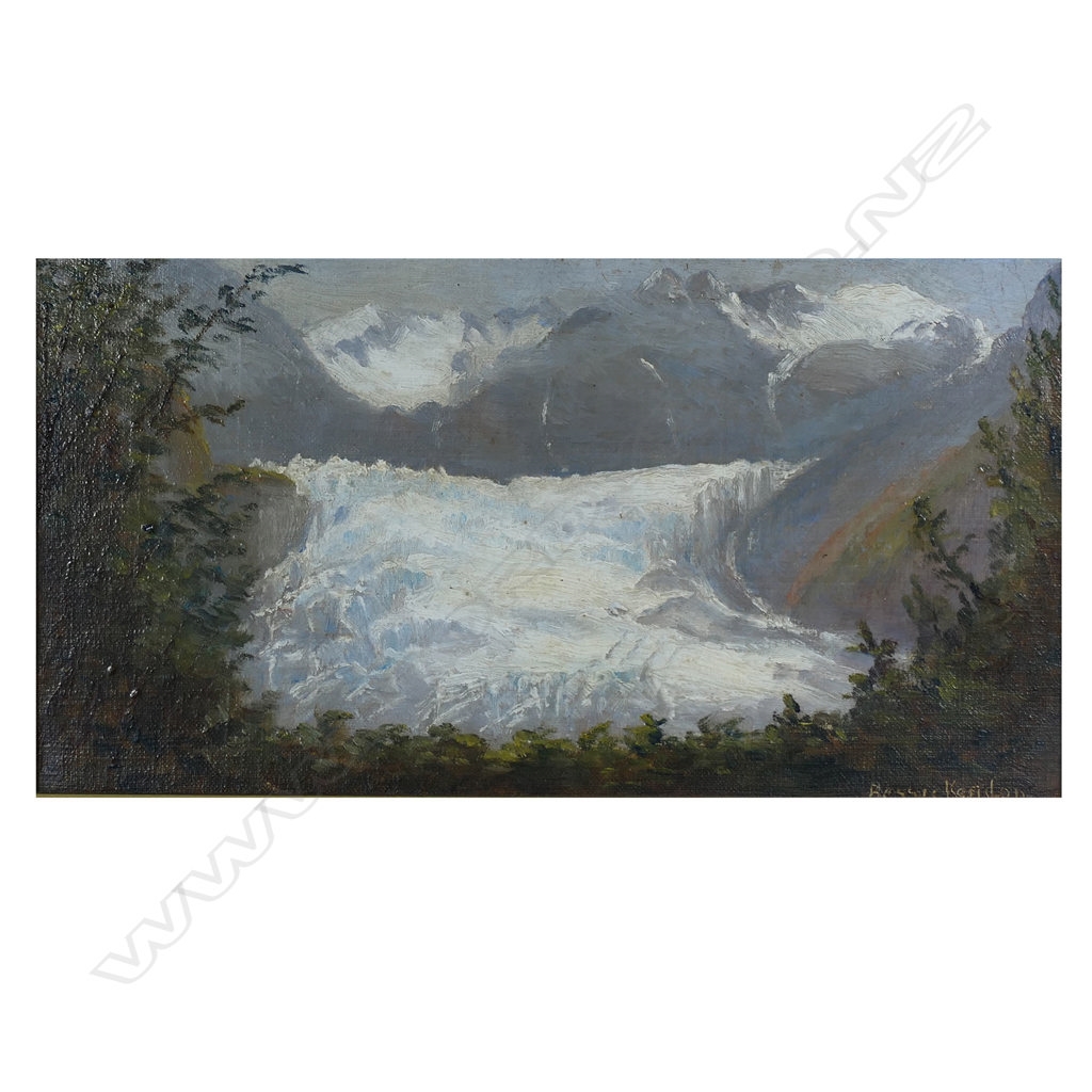 Artwork by Bessie Kendon, Fox Glacier, Made of oil on board