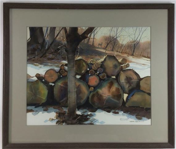 Winter snow scene with stacked firewood by Warren Blair