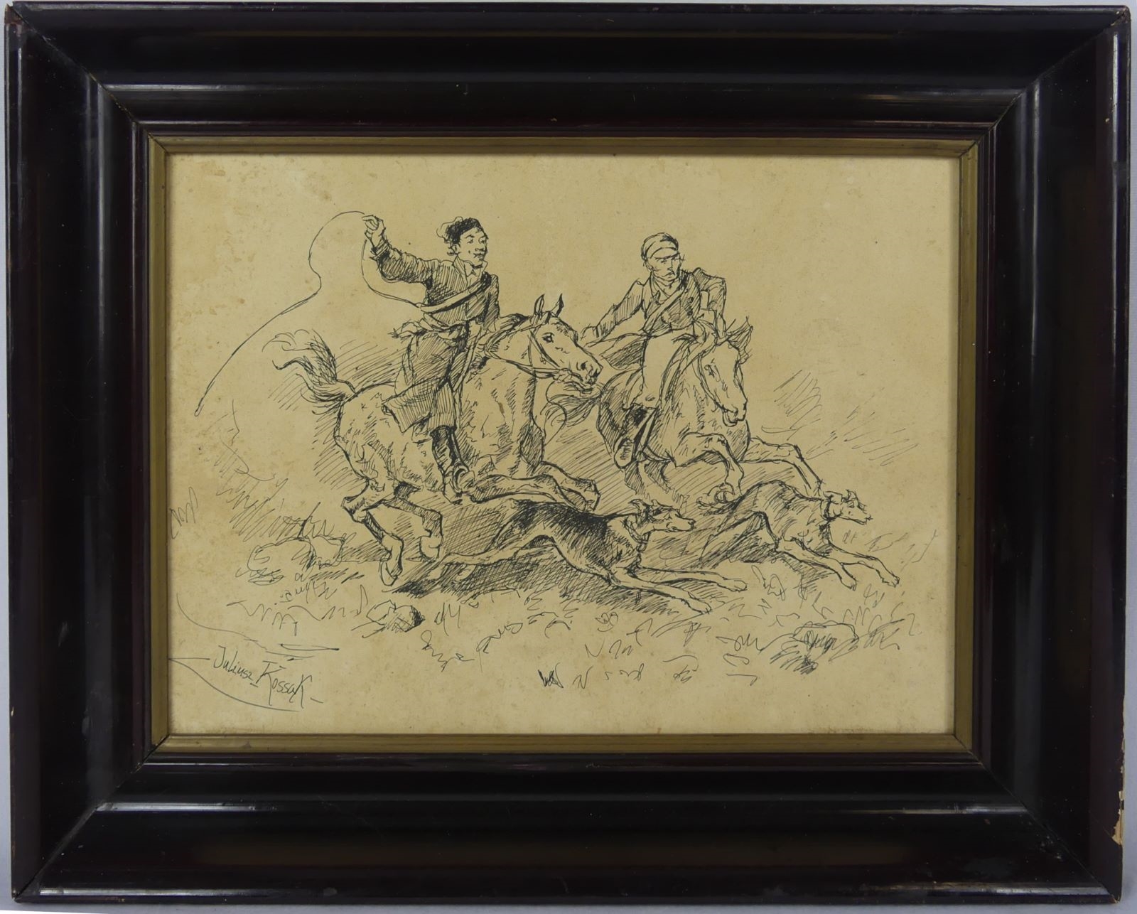 ink drawing on paper depicting two horses with riders - Julius Kossak