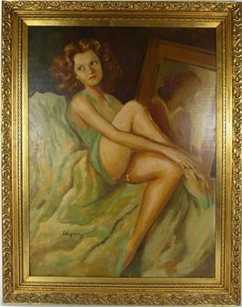 Style of Gil Elvgren oil painting on canvas depicting a pin up girl with mirror - Gil Elvgren