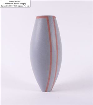 Swollen cylindrical form with coral pink bands, incised Christine Jones - Christine Jones