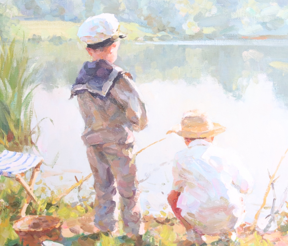 Artwork by B. Zyceb, B. Zyceb, Children Fishing, Oil on Canvas, Made of oil on canvas